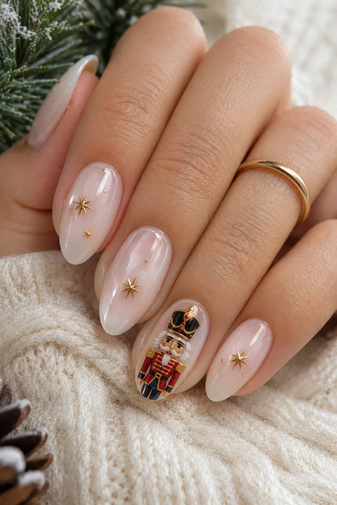 Milky white Christmas manicure with one miniature red-and-gold Nutcracker soldier accent nail.