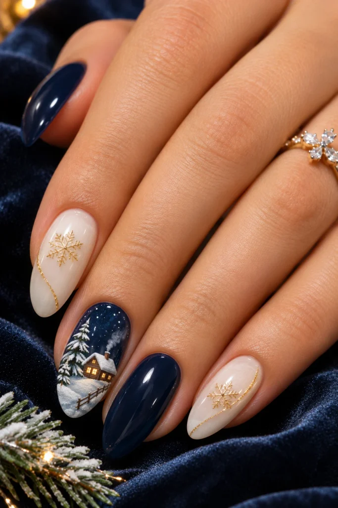Christmas village nail art featuring a tiny snowy cottage, evergreen trees, and falling snow.