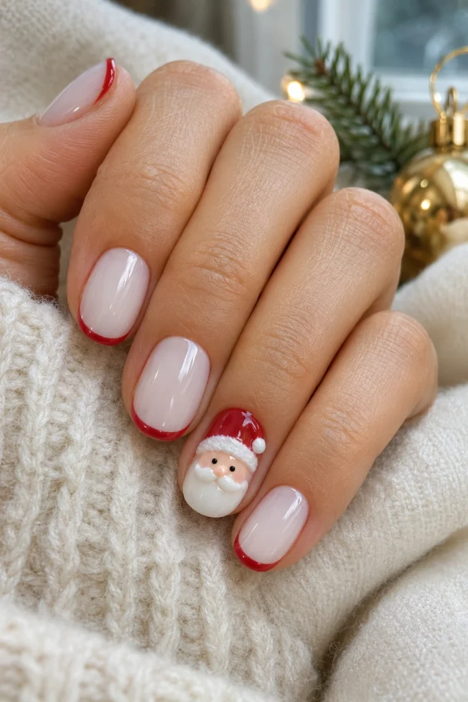 Milky white short oval nails with one tiny Santa face accent and delicate red micro-French tips.