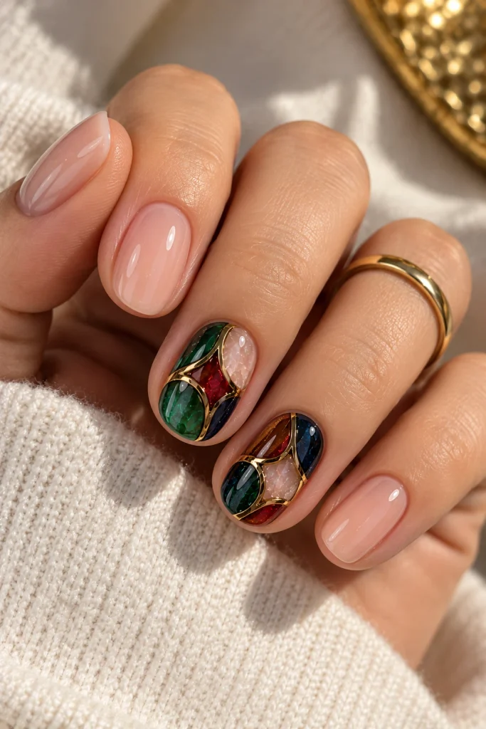 Minimal stained glass accent nails with translucent emerald, ruby, and sapphire panels on a sheer nude manicure.