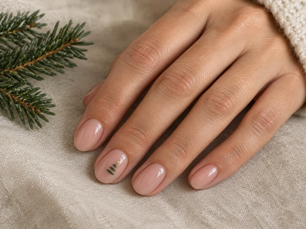 Minimalist green Christmas tree nail art with a tiny gold star on a sheer nude natural nail.