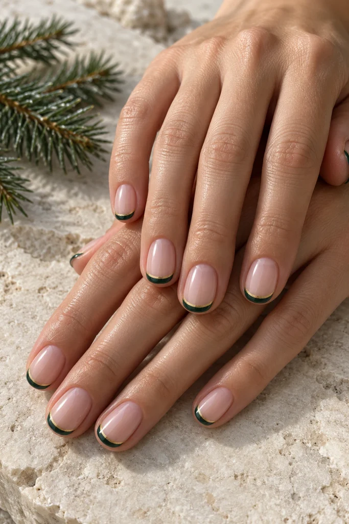 Minimalist Green French Tips With a Gold Line