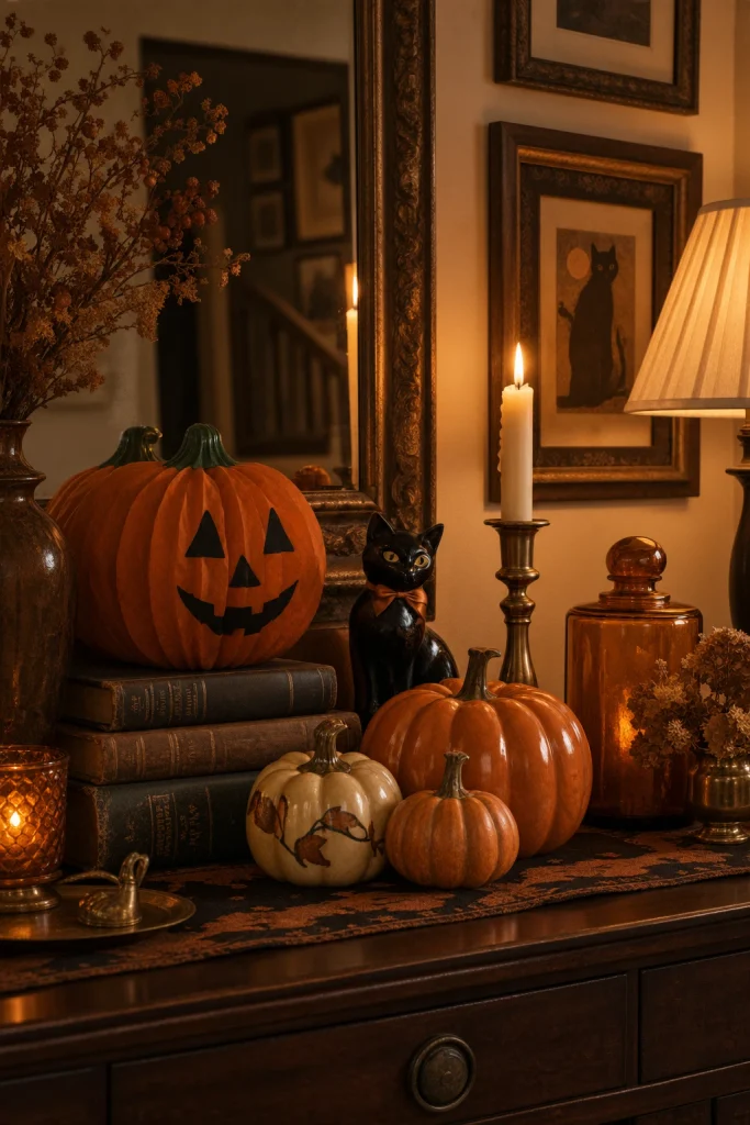 Vintage and new Halloween decorations mixed into one collected display