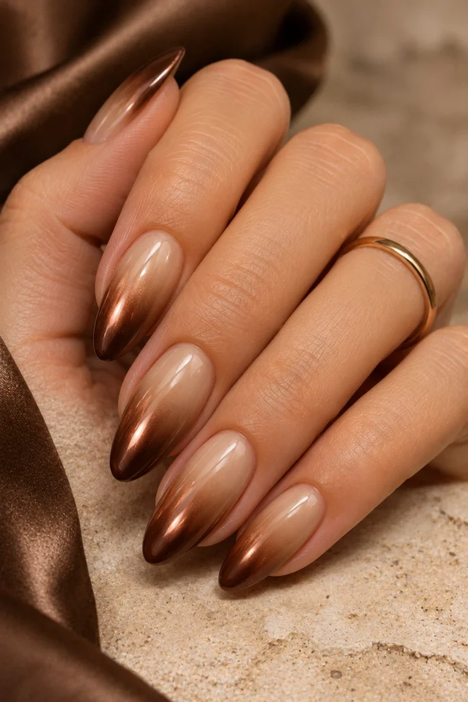 Mocha chrome ombré nails fading from creamy latte beige to deep coffee brown.