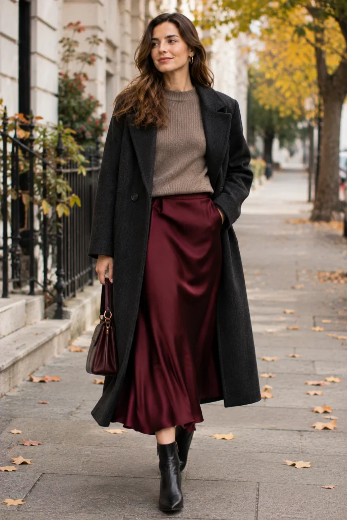 Woman wearing a fitted knit sweater with a satin midi skirt, ankle boots, and a long wool coat.