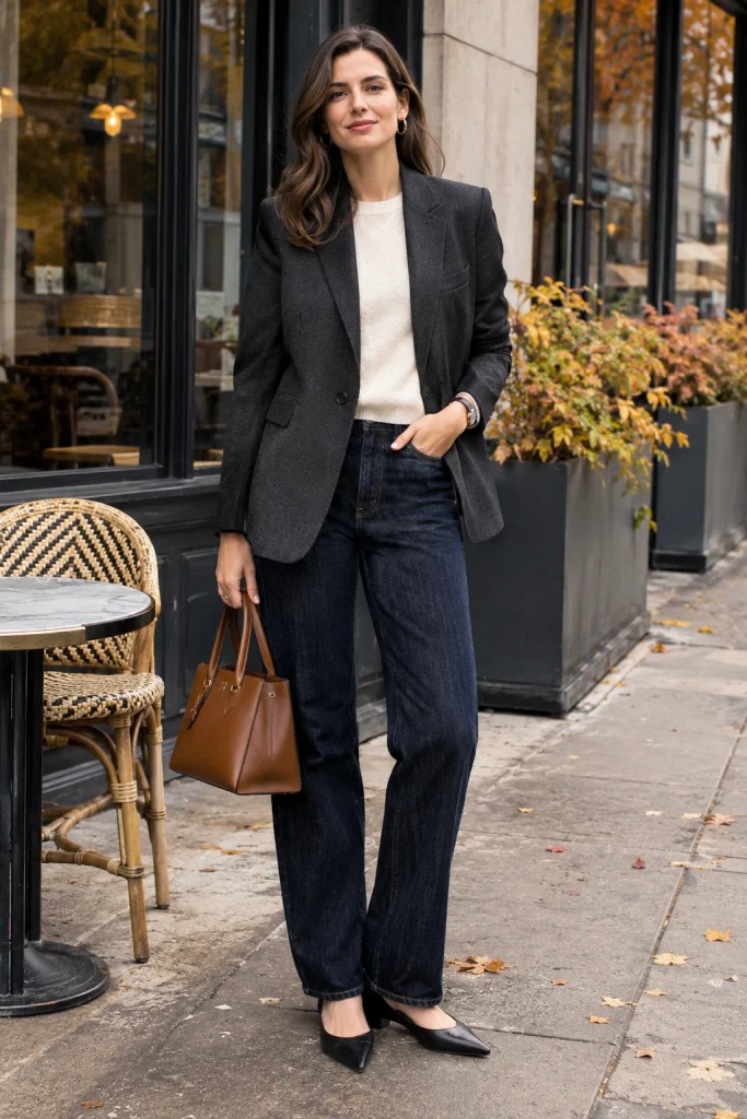 Woman wearing a charcoal tailored blazer with dark straight-leg jeans and pointed flats for a modern fall
