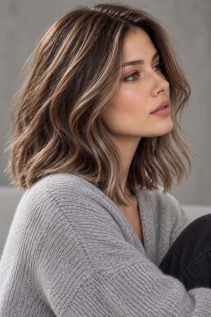 Mushroom brown hair with muted taupe undertones and cool beige-brown dimension.