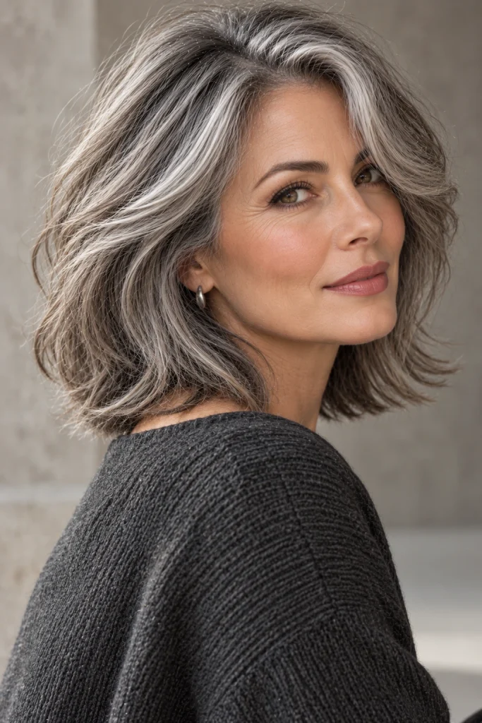 Natural gray-blended hair with silver strands, charcoal lowlights, and soft dimensional layers.