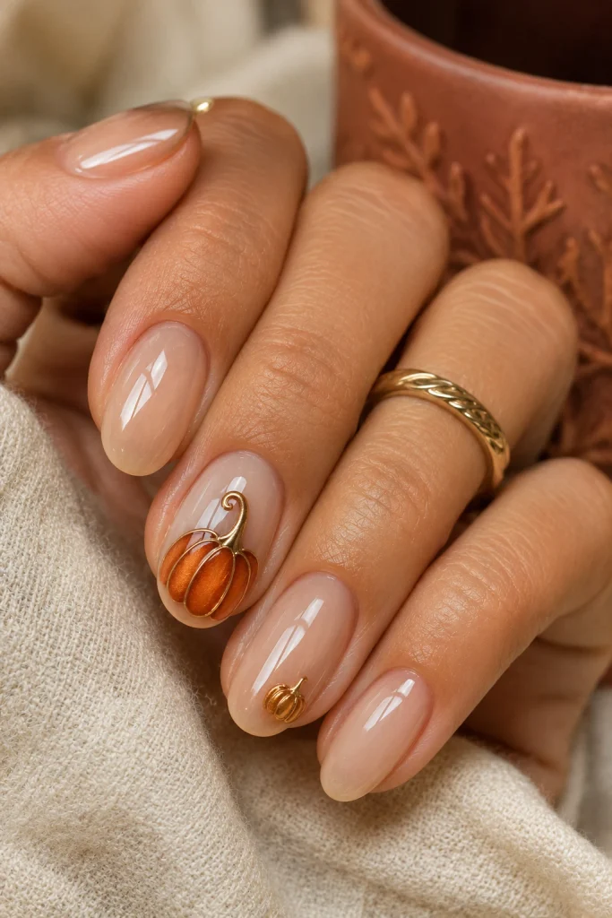 Neutral nude nails with delicate copper chrome pumpkin accent art.