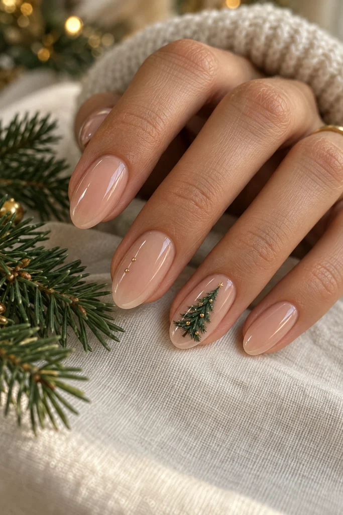 Nude Almond Nails With Miniature Christmas Trees