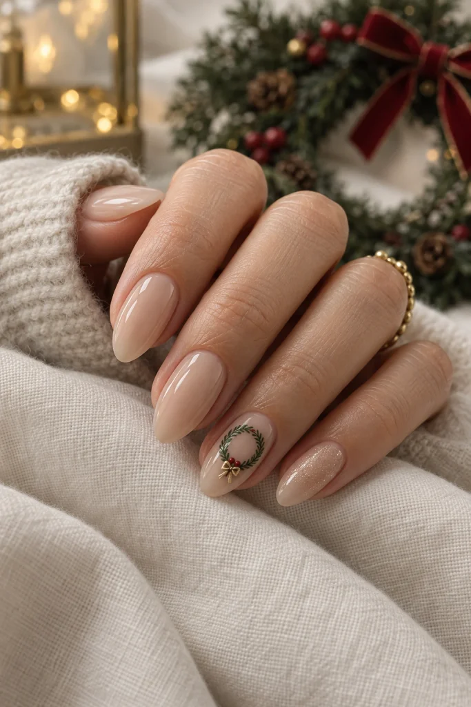 Nude Christmas Nails With a Miniature Winter Wreath