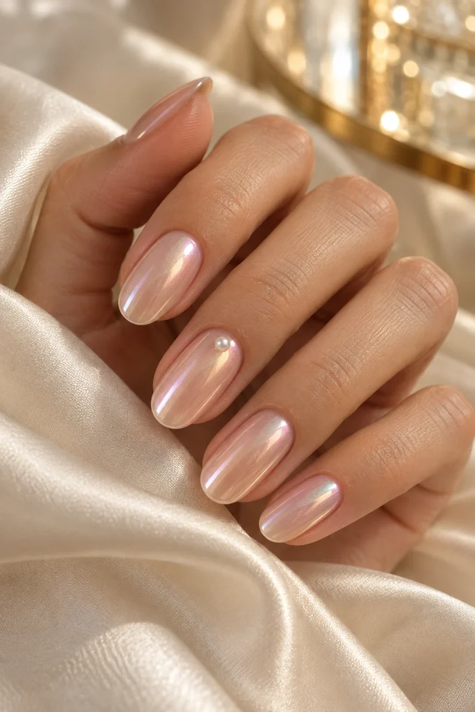 Nude Chrome Nails With a Pearl Pink Reflection