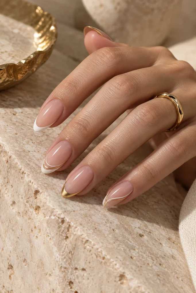Nude Nails With Asymmetrical Gold and White French Tips