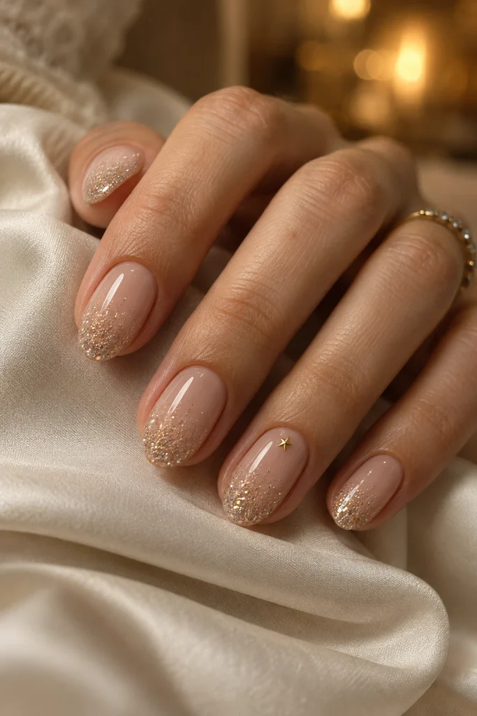 Nude Nails With Champagne Glitter Fade