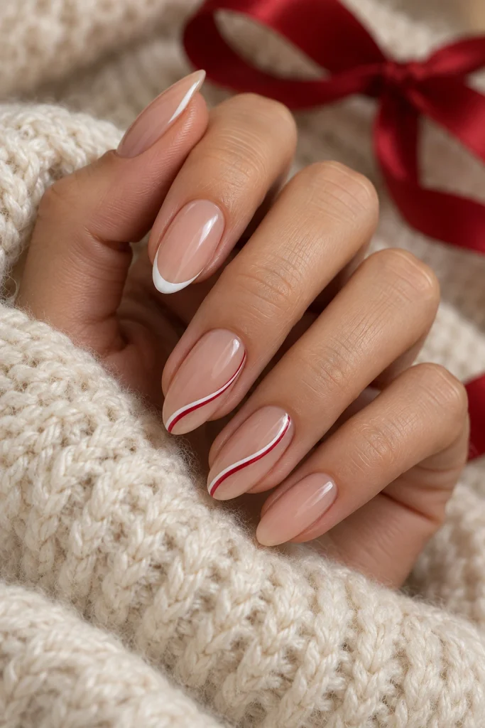 Nude Nails With Delicate White Candy Cane Swirls