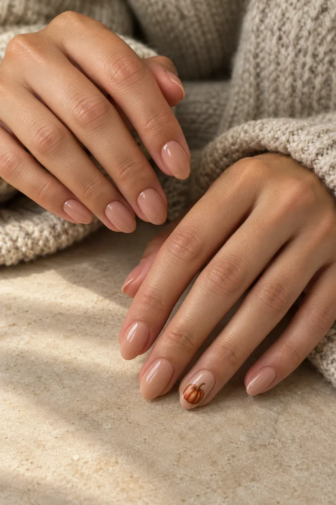 Nude Nails With One Pumpkin Accent