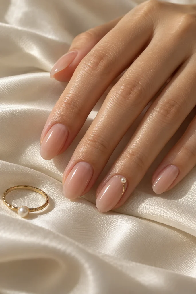 Nude Nails With Pearls and a Delicate Gold Cuticle Accent