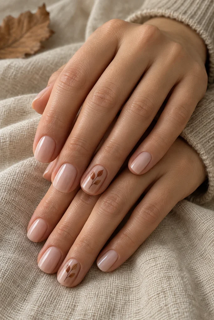 Nude Nails With Tiny Autumn Leaves