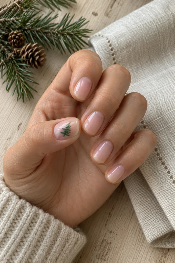 Nude Nails With Tiny Christmas Trees