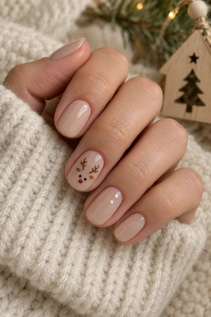  Nude Nails With Tiny Reindeer and Soft Brown Details