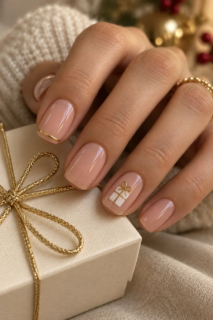 Nude Nails With Tiny White Gift Boxes and Gold Ribbons