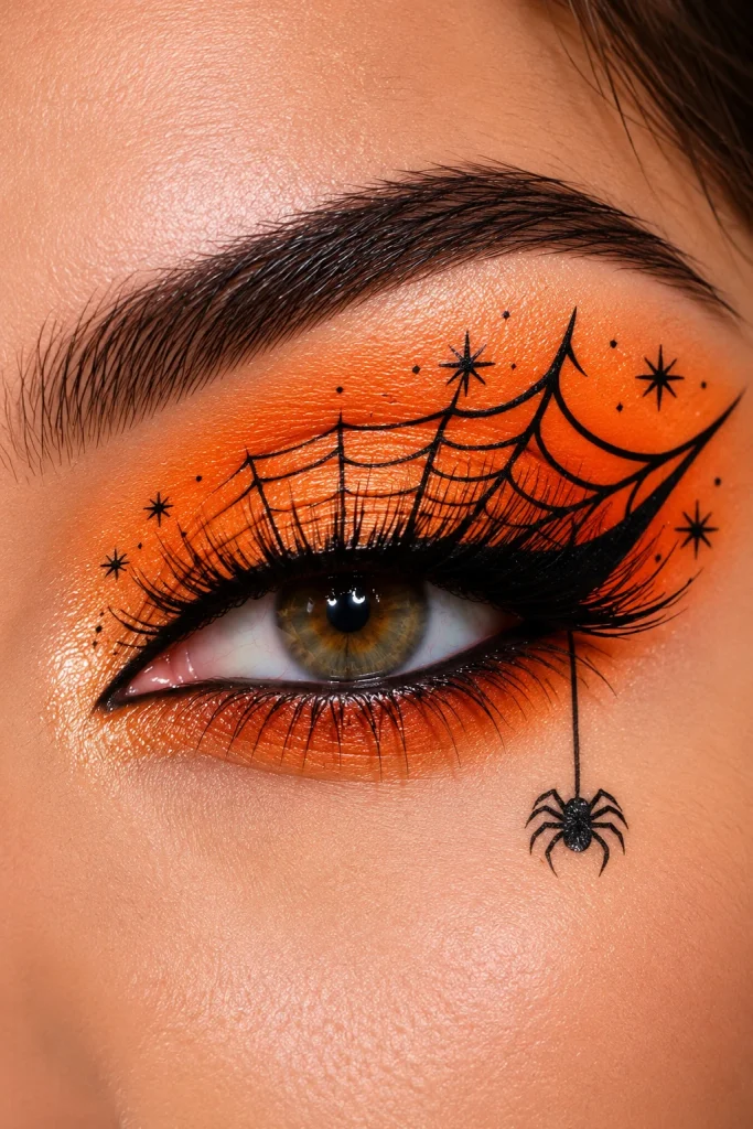 Orange Halloween eye makeup with a black spiderweb and tiny spider details.