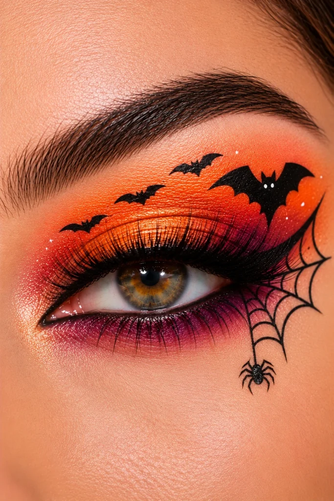 Orange and burgundy Halloween eye makeup with black bats and a spiderweb.