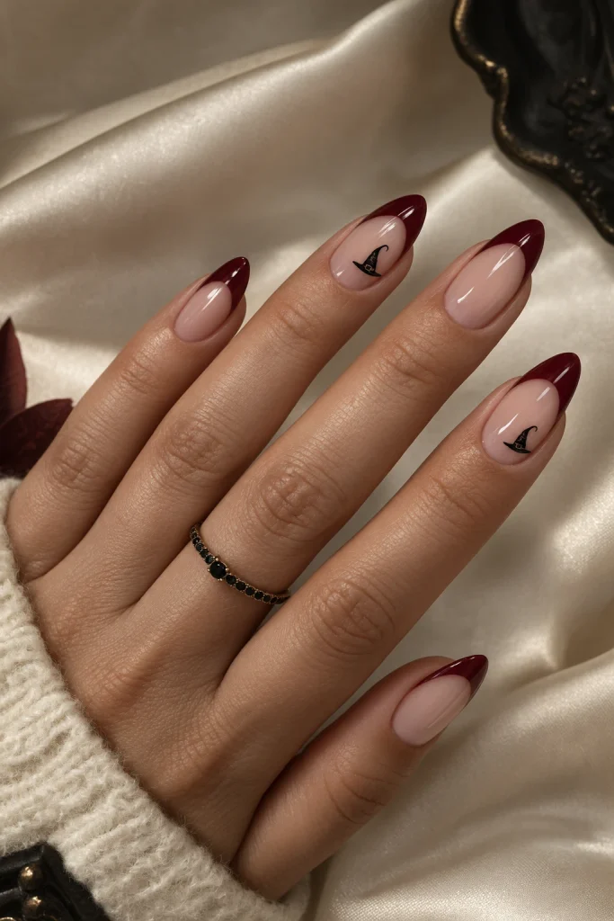 Oxblood French Tips With Tiny Witch Hats