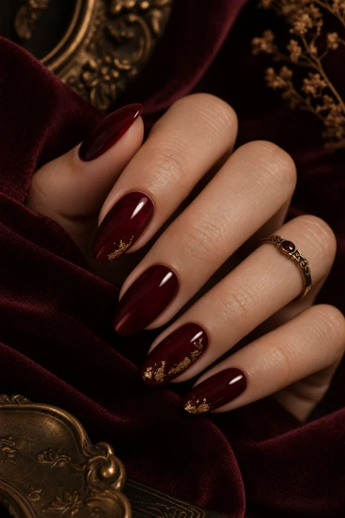 Oxblood Jelly Nails With Gold Foil