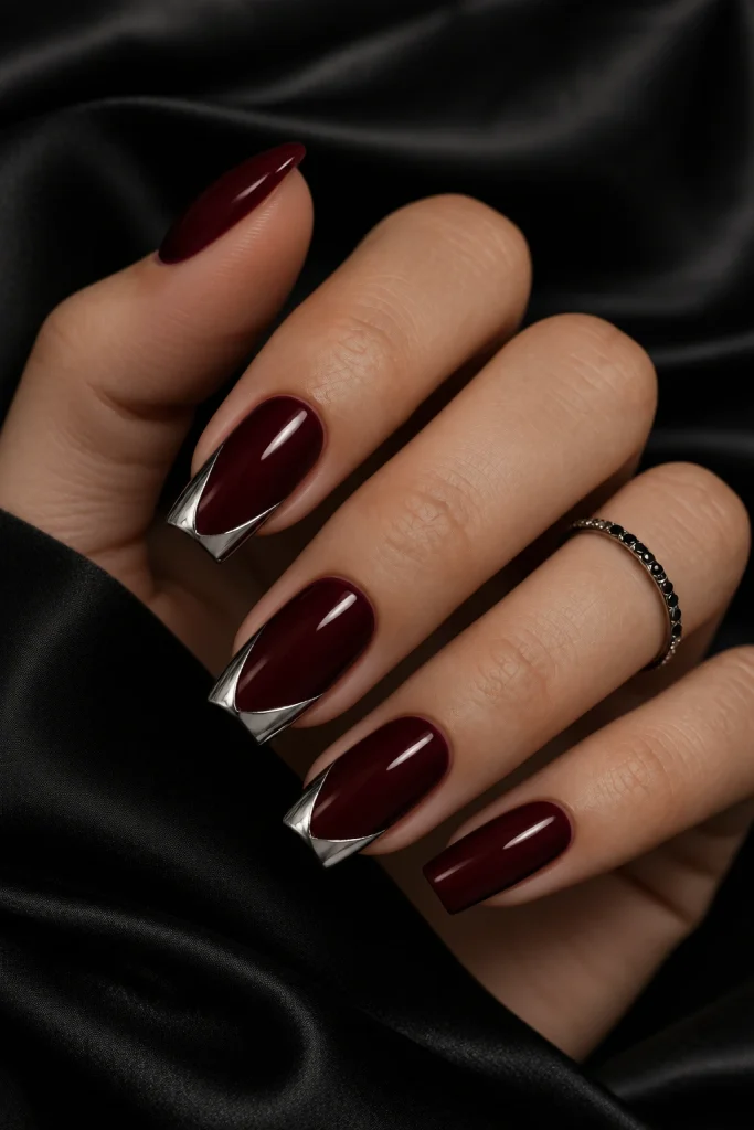 Oxblood Nails With Silver Vampire Fang Tips