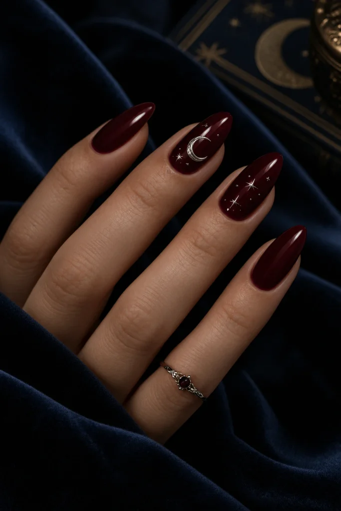 Oxblood Nails With a Crescent Moon and Stars