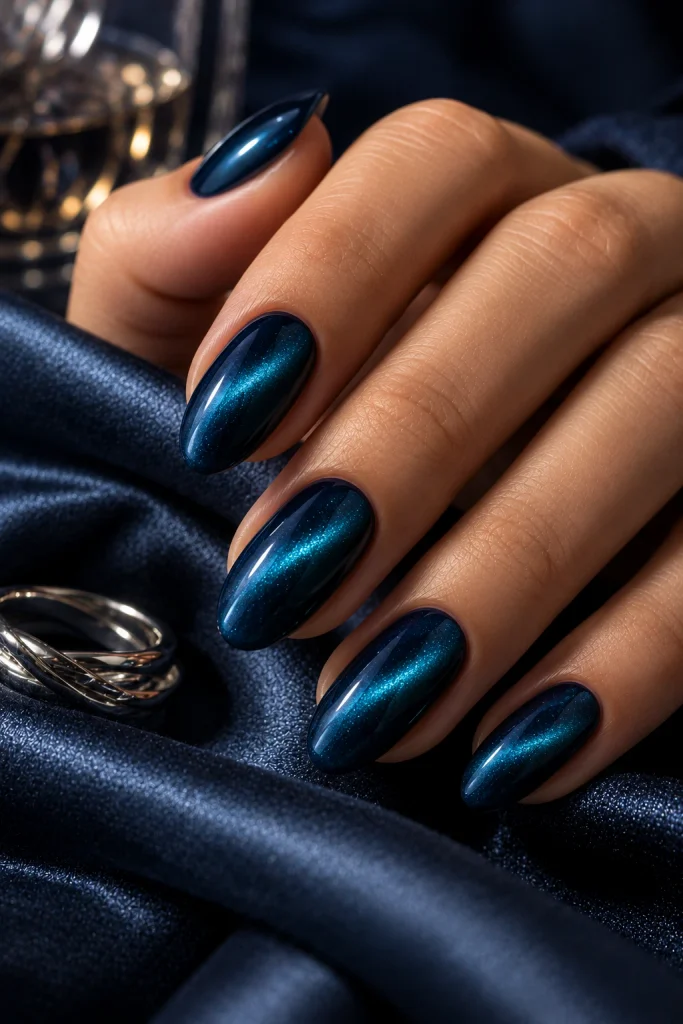 Petrol blue cat-eye nails with a dimensional teal magnetic shimmer on almond-shaped nails.
