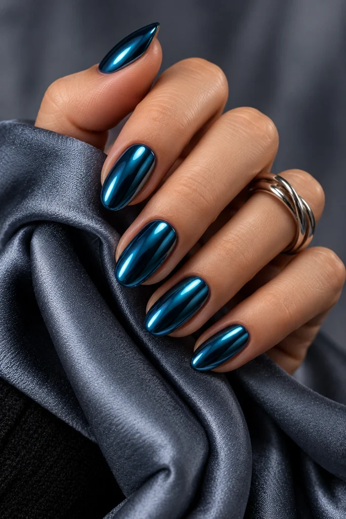 Metallic petrol blue chrome nails with a smooth reflective blue-green finish.