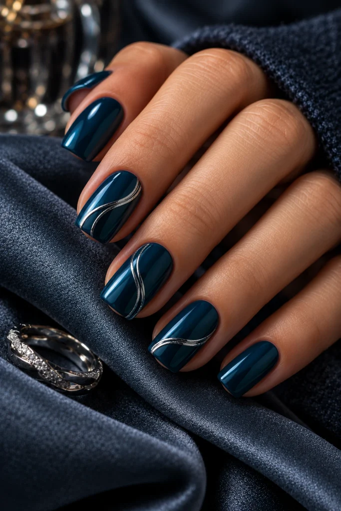Deep petrol blue nails with delicate silver line accents on two nails.