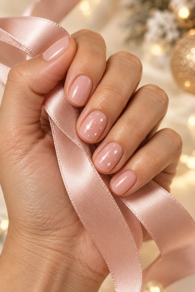 Pink Christmas Nails With Tiny White Stars
