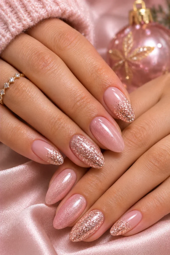Blush pink Christmas nails with rose-gold glitter accents.