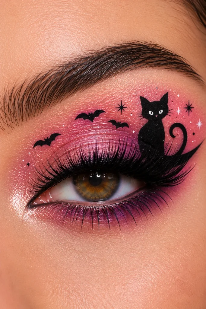 Pink and plum Halloween eye makeup with a black cat, bats, and tiny stars.