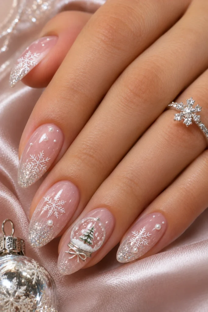 Blush pink winter nails with silver glitter, white snowflakes, and a miniature snowy accent scene.