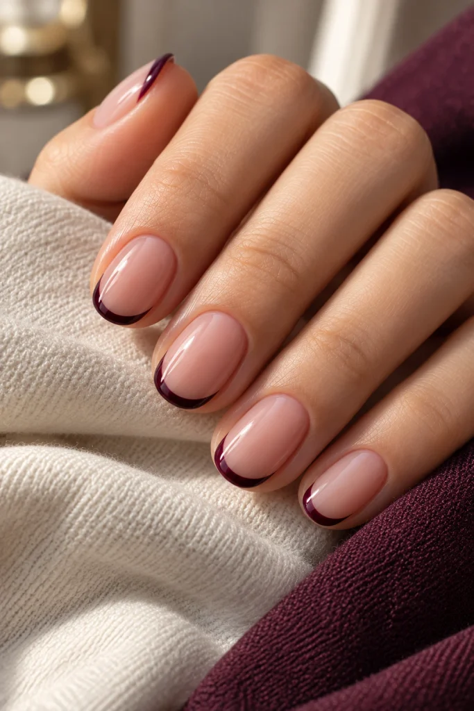 Dark plum micro-French tips over a sheer blush base on short oval nails.