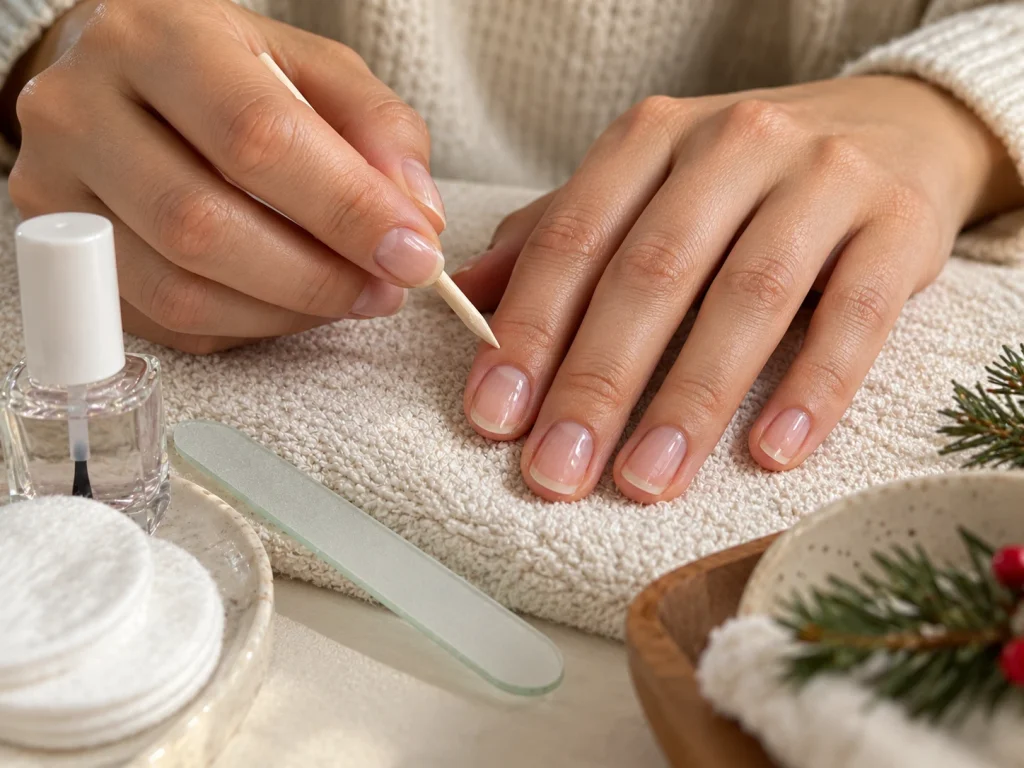 Preparing natural nails for a Christmas manicure with a nail file, manicure stick, and clear base coat.