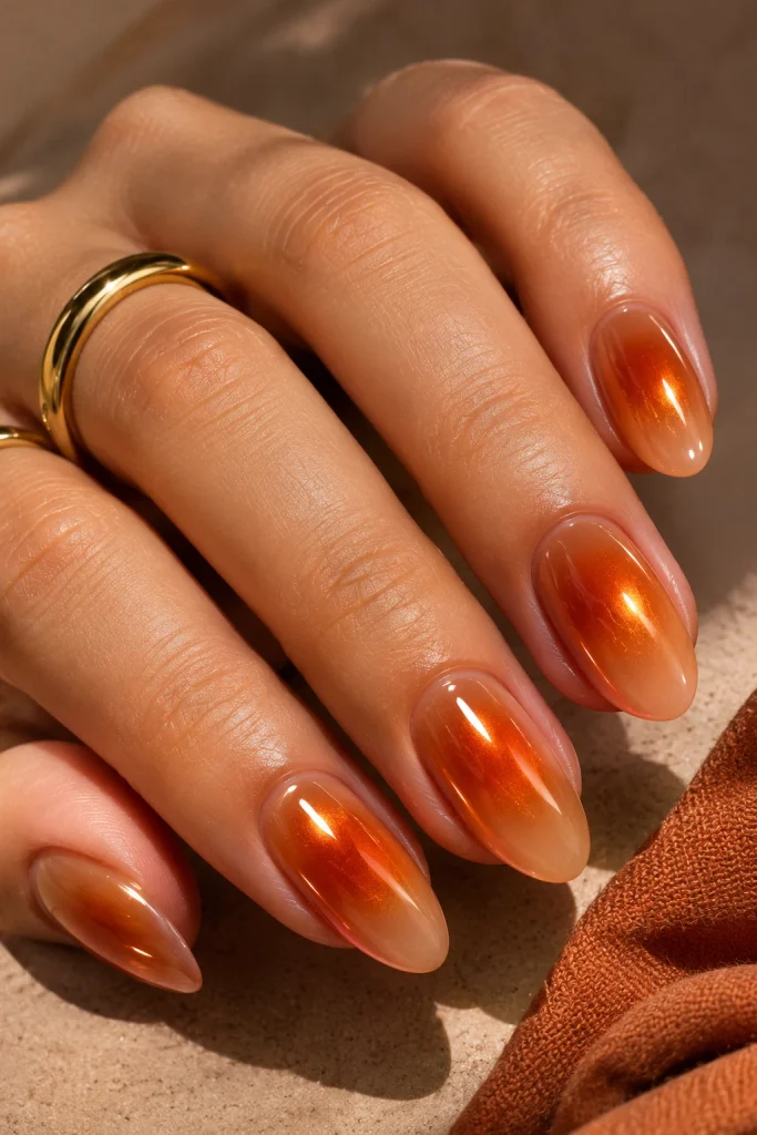 Pumpkin-orange aura nails with a soft gradient and subtle copper chrome shine.