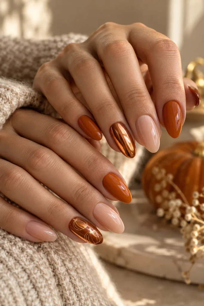 Pumpkin Chrome Accent Nails