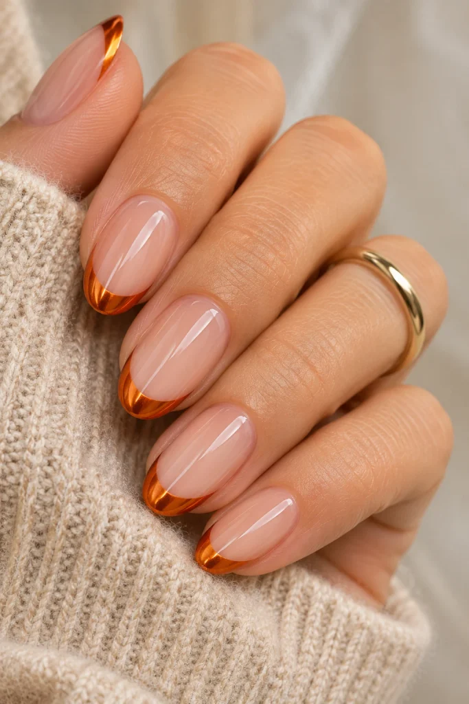 Nude oval nails with reflective pumpkin-orange chrome French tips.