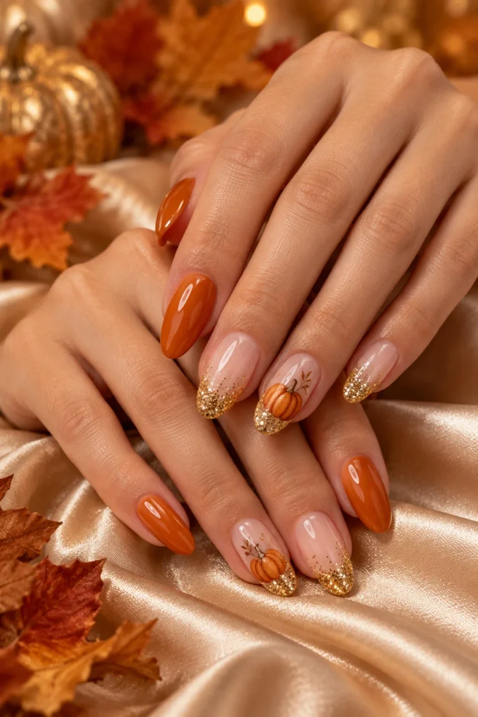 Pumpkin Glitter Nails