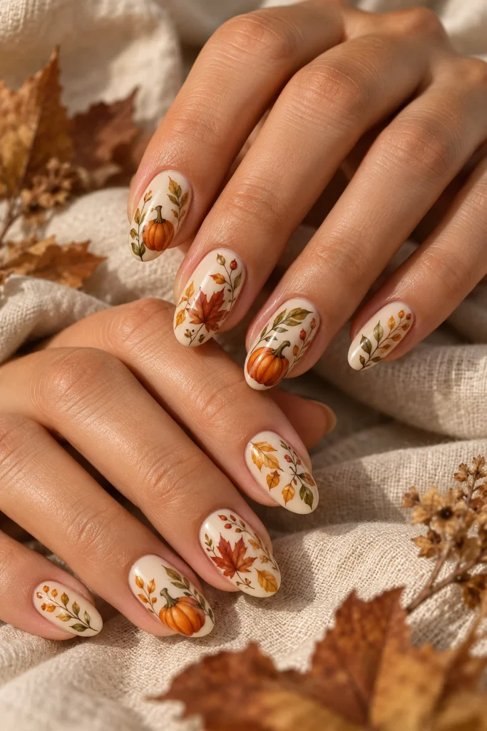 Pumpkin and Autumn Leaf Nails