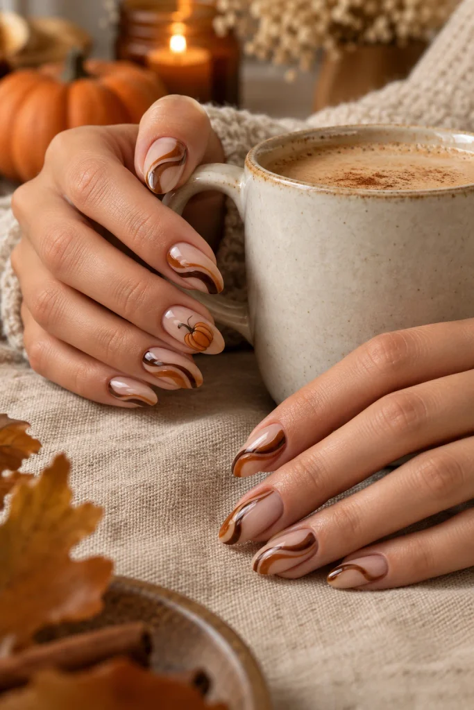 Pumpkin and Chocolate Swirl Nails