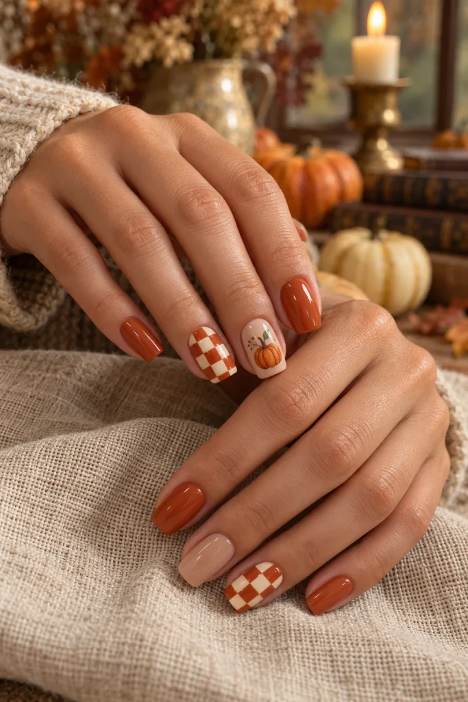 Pumpkin and Cream Checkerboard Nails