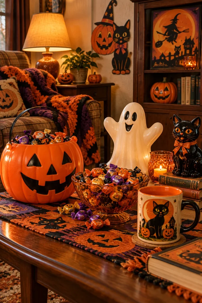 1990s-inspired Halloween decorations with pumpkins, ghosts, candy, and retro details