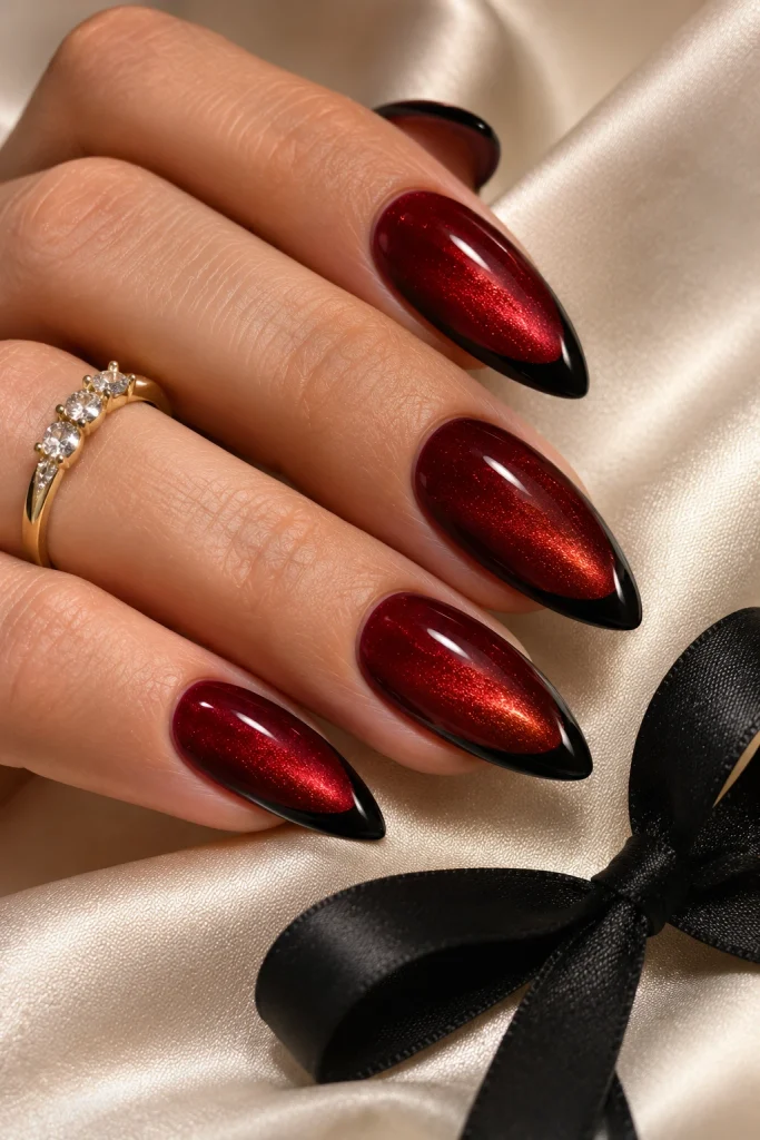 Red Cat Eye Nails With Black French Tips