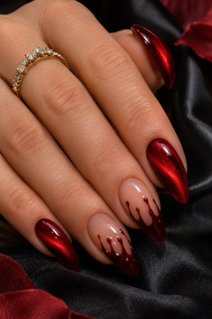 Red Cat Eye Nails With Blood-Drip Accents